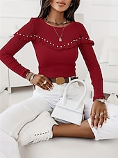 preiswerte Elegante Oberteile-Damen Hemd Bluse Feste Farbe Basic Brautkleider schlicht Langarm Rundhalsausschnitt Normale Oberteile Täglich Rüsche Patchwork Perlenbesetzt Schwarz Wein Herbst Winter