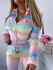 Dames Modieus Streetwear Dagelijks Singlet Joggingbroeken Lange mouw Strakke ronde hals Ombre Vetoketju Casual Dagelijks Blozend Roze Regenboog Herfst Normale pasvorm voordelige Tweedelige sets-Dames Modieus Streetwear Dagelijks Singlet Joggingbroeken Lange mouw Strakke ronde hals Ombre Vetoketju Casual Dagelijks Blozend Roze Regenboog Herfst Normale pasvorm