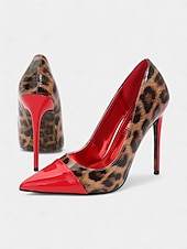 abordables Talons Aiguilles-talons aiguilles imprimé léopard pour femmes – escarpins à bout pointu en cuir verni rouge pour fêtes et événements nocturnes