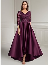 cheap Floor Length-Purple A-Line Mother of the Bride Dress Elegant Vintage V Neck Asymmetrical Satin Long Sleeve with Lace Appliques Solid Color