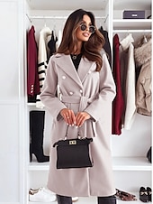 abordables Abrigos de Invierno-Mujer Abrigo Mantiene abrigado Cómodo Botones Con cinturón Elegante Color sólido Casual Diario Botonadura Doble Escote en Pico Ajuste regular Manga Larga Ropa de calle Negro Caqui Albaricoque Invierno