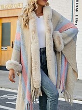 cheap Coats &amp; Trench Coats-Women&#039;s Cloak / Capes Outdoor Street Daily Wear Fall Winter Regular Coat Regular Fit Thermal Warm Breathable Stylish Casual Jacket Long Sleeve Stripe Faux Fur Trim Khaki Apricot Gray