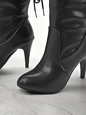 economico Stivali alla moda-stivali neri con lacci da donna con tacco a metà polpaccio - eleganti stivali a stiletto con punta affilata e dettaglio in pizzo laterale per outfit autunnali e invernali