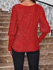 economico Top eleganti-camicetta donna camicetta basic casual paillettes manica lunga regular top girocollo quotidiano rosso fucsia autunno inverno