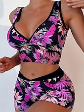 billiga Bikiniset-Dam Badkläder Bikini 2 st Pojkeben Baddräkt Öppen rygg Hög midja Smal Semester Standkläder Blommig Löv V-hals Ärmlös Baddräkter