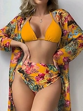 billiga Bikiniset i 3 delar-Dam Badkläder Bikini Tre delar Kalsonger Baddräkt Öppen rygg Hög midja Smal Semester Standkläder Blommig Halterneck Långärmad Baddräkter