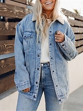 billige Puffer og Parka-Dame Fleece-jakke Teddyfrakk Denimjakker Hold Varm Pustende Lomme Fleece Lined Fritid عادي Feriereise Gate Dagligdagstøy Ut på byen Enkeltkneppet Normal Aftæpning Normal Langermet Yttertøy Svart Bl