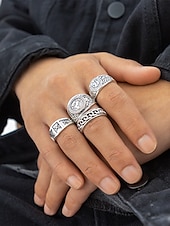 preiswerte Herrenschmuck-Herrenringset aus Silberlegierung im Vintage-Stil mit geometrischen und eingravierten Mustern – Retro-Modeaccessoires für den Alltag