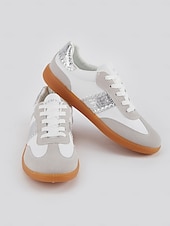 billiga Damsneakers-kvinnors retro svarta och vita sneakers med snörning - avslappnad lågtoppsdesign med mocka och tygdetaljer, bekväm sula för dagligt bruk och sportaktiviteter