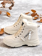baratos Botas de neve e inverno-botas femininas de amarrar no tornozelo com forro de pele quente – botas de inverno bege elegantes para conforto ao ar livre em clima frio