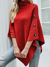 economico Maglioni e cardigan-Per donna Felpa Pullover Maglione Informale Morbido Tinta unica A coste A collo alto Bottoni Lavorato a maglia Mezza manica Top regolari Maglia Esterno Giornaliero Fine settimana Nero Rosso Autunno