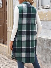 baratos Colete-Mulheres Colete Ao ar livre Rua Roupa Diária Outono Inverno Longo Casaco Normal Térmico / Quente Respirável à moda Casual Casaco Sem Manga Listras e xadrez Com bolsos Imprimir Laranja Verde Cáqui