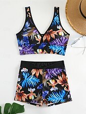 billiga Bikiniset-Dam Badkläder Bikini 2 st Pojkeben Baddräkt Öppen rygg Hög midja Smal Semester Standkläder Blommig Löv V-hals Ärmlös Baddräkter