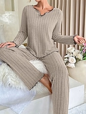 cheap Sleepwear-Women&#039;s Pajama Set Pure Color Casual Comfort Home Daily Comfort Warm V Neck Long Sleeve T shirt Pant Elastic Waist Fall Winter Home Outfits