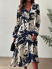 abordables Robes fleuries élégantes-robe longue à fleurs à col en V et manches longues pour femme printemps automne