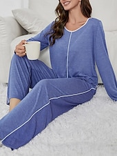 billiga Sovkläder till damer-pyjamasset för kvinnor ren färg avslappnad komfort hem daglig komfort varm v-ringad långärmad t-shirt t-shirt byxa elastisk midja höst vinter hemkläder
