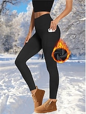 abordables Leggings et collants de yoga-Femmes Pantalon de yoga Leggings doublés en polaire Leggings de yoga avec Poche Téléphone Taille haute Pilates Entraînement en salle Entraînement Collants Couleur Unie Noir Rouge Bordeaux Bleu Marine