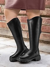 cheap Fashion Boots-Women&#039;s Extra Wide Calf Knee-High Boots – Comfortable Black Faux Leather with Rugged Sole, Perfect for Outdoor Adventures and Everyday Wear