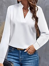 tanie Eleganckie topy-Damskie Koszula Bluzka Jednokolorowe Codzienny Elegancki Długi rękaw W serek Zwykłe topy Codzienny Czarny Biały Niebieski Jesień Zima