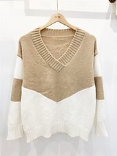 billige Grafiske mønstre og detaljer-Dame Genser Pullover genser Fritid Myk Fargeblokk Riflet V-hals Strikket Langermet Vanlige topper Strikke utendørs Daglig Helg Svart Rosa Høst Vinter