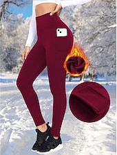 abordables Leggings et collants de yoga-Femmes Pantalon de yoga Leggings doublés en polaire Leggings de yoga avec Poche Téléphone Taille haute Pilates Entraînement en salle Entraînement Collants Couleur Unie Noir Rouge Bordeaux Bleu Marine