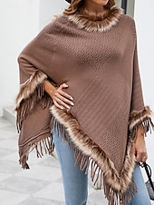 billiga Rycker på axlarna &amp; uddar-Dam Mantel / kappor Utomhus Gata Dagliga kläder Höst Vinter Normal Täcka Normal Håller värmen Andningsfunktion Stylish Ledigt Jacka Långärmad Slät Tofs Faux Fur Trim Rubinrött Aprikos Kaffe