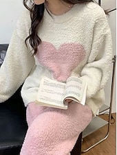 billiga Loungewear till damer-dam pyjamas loungewear 2 delar hjärtvärme komfort hem daglig fleece varm andas rund hals långärmad pullover byxa höst vinter hem outfits
