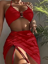 billiga Bikiniset-Dam Badkläder Bikini Tre delar Kaxig Baddräkt Öppen rygg Smal Semester Standkläder Ensfärgat Halterneck Ärmlös Baddräkter