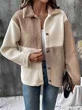 billiga Puffers &amp; Parka-Dam Fleece-jacka Teddyrock Håller värmen Andningsfunktion Ficka Fleecefodrad Ledigt Färgblock Semester Gata Dagliga kläder Utekväll Enkelknäppt Normal Nedvikt Normal Långärmad Ytterkläder Brun Höst