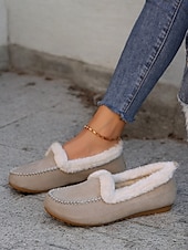 お買い得  レディース・スリッパ＆ビーチサンダル-女性用フェイクスエードモカシンスリッパ - フェイクファーの裏地付き、ステッチのディテールが施された暖かい屋内外用ハウスシューズ