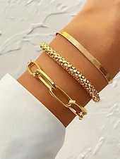 economico Accessori da donna-set di bracciali alla moda color oro da donna: catena spessa, elegante catena a serpente e bracciale rigido strutturato per un look a strati elegante