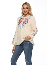 billiga Skjortor-Dam Boho skjorta Linneinspirerade skjortor Blommig Blomma Ledigt Långärmad Biskop Rund hals Hög hals Vanliga toppar Alla hjärtans dag Arbete Dagligen Broderad Beige Vår, Höst, Vinter, Sommar