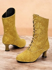 baratos Década de 1920-Botas femininas vintage com cadarço e salto médio – botas jacquard elegantes para estilo retrô e ocasiões especiais