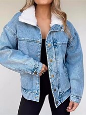 tanie Kurtki-Damskie Jeansowa kurtka Na zewnątrz Ulica Dzienne zużycie Jesień Zima Regularny Płaszcz Regularny Keep Warm Oddychający Elegancki Codzienny Kurtki Długi rękaw Jednokolorowe Z kieszeniami Futrzany