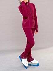 billige Figur skating treningsantrekk-Fleecejakke til skøyteløp Bukser til kunstløp Jakke og bukser til kunstløp Dame Jente Skøyteløp Jakke Strømpebukse Drakter Burgunder Lapper Tommelhull Spandex Elastisk Trening Profesjonell Skøyteklær