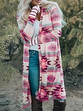abordables Manteaux 3D-Veste décontractée Femme Extérieur Plein Air Usage quotidien Style Ethnique Style vintage Décontractées Imprimer Longue Manteau Rose Claire Vert Automne Hiver Ouvrir le devant Sans col Standard S M L