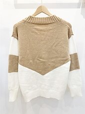 billige Grafiske mønstre og detaljer-Dame Genser Pullover genser Fritid Myk Fargeblokk Riflet V-hals Strikket Langermet Vanlige topper Strikke utendørs Daglig Helg Svart Rosa Høst Vinter