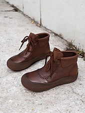 levne Kotníkové boty-dámské hnědé šněrovací kotníkové boty z umělé kůže s detaily vintage stehu, pohodlná podrážka pro běžné outdoorové nošení