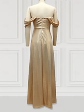 cheap CHAMPAGNE-A-Line Evening Gown Elegant Dress Formal Sweep / Brush Train Long Sleeve One Shoulder Pocket Satin with Glitter