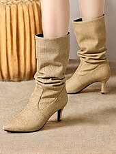 cheap Slouch Boots-Women&#039;s Beige Slouch Mid-Calf Boots with Pointed Toe and Kitten Heel – Chic Fall Fashion for Casual and Dressy Occasions