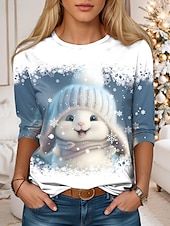 economico Maglietta Animali-Maglietta da donna maniche lunghe inverno grafica con coniglio stampa casual collo a giro festività schema di fiocco di neve vestibilità regolare azzurro chiaro bianco