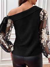 ieftine Topuri imbracate-Pentru femei Cămașă Bluză Culoare solidă Floral Elegant Casual Manșon Lung Episcop Gât crestat Topuri obișnuite Zilnic Paiete Peteci Negru Toamnă Iarnă