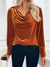 billige Dressy topper-Dame Skjorte Bluse Helfarge Fritid Langermet Cowl-hals Vanlige topper Daglig Brun Høst Vinter