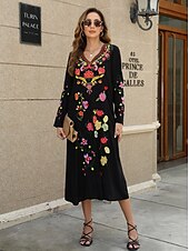 cheap Boho Dress-Valentine&#039;s Day Women&#039;s Normal Midi Dress Casual Dress Long Sleeve Boho Dress A Line Dress Boho Dress Elegant Basic Casual Bishop Sleeve Formal Vacation Valentine&#039;s Day Regular Fit Floral Still Life