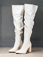baratos Botas Slouch-botas femininas pretas largas acima do joelho – bico fino estiloso com salto bloco para moda de inverno e roupas de noite