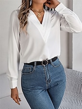 preiswerte Elegante Oberteile-Damen Hemd Bluse Feste Farbe Basic Brautkleider schlicht Langarm V Ausschnitt Normale Oberteile Täglich Weiß Rosa Wein Herbst Winter