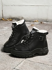 abordables Botines-Botines de mujer beige con cordones y forro de felpa cálido: calzado de invierno para exteriores con suela resistente y detalle de hebilla