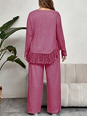 abordables grande taille deux pièces-Femme Grande taille Hauts T shirt Tee Ensemble Couleur unie Franges manche longue Col Ras du Cou Décontractées du quotidien Polyester Automne Hiver Fuchsia Vert