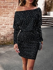ieftine Rochii cu paiete-Pentru femei Rochie Mini Rochie cu paiete Rochie casual Bodycon Rochie simplă Casual Sporturi &amp; Exterior Stradă Serată Fit regulat Simplu Manșon Lung De Pe Umăr Negru Șampaniu Toamnă Iarnă