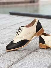 economico anni 1930-scarpe oxford bicolore da donna - brogue vintage stringate nere e bianche con tacco basso per abbigliamento casual e formale retrò